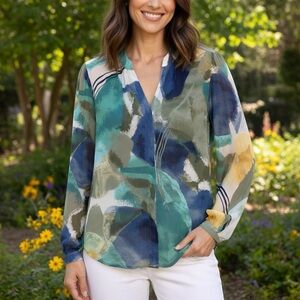 Chico's Blue Green Yellow Serena Abstract Crinkle Blouse Sheer Top Size 3 XL